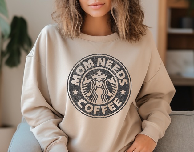 bluza bez kaptura damska Beżowa Damska  Bluza oversize MOM NEEDS COFFEE