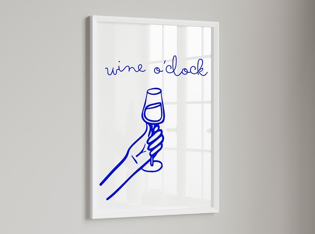 plakaty PLAKAT wino, niebieska grafika, wine o clock, ozdoba do kuchni