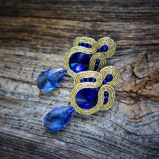 kolczyki soutache Kobaltowo - złote  kolczyki soutache