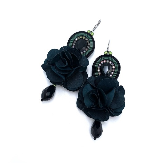 kolczyki soutache Kolczyki sutasz zielono czarne z kwiatami Bloom
