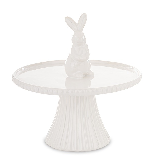 patery i talerze Patera biała z ceramiki z zajączkiem po środku talerza 23x22,5x22,5 cm