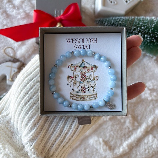 bransoletki na sznurku Świąteczna bransoletka z akwamarynów i hematytów oraz charmsem