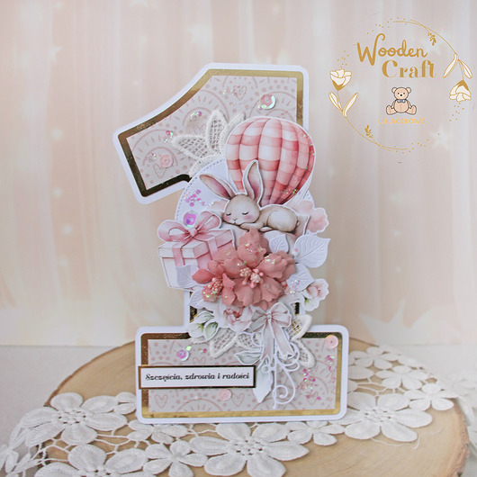 kartki, zaproszenia na chrzest Urodzinowa kartka cyferka, prezent na roczek "Baby Bunny" GOTOWA