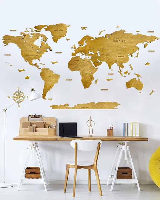 Ozdoby na ścianę Drewniana Mapa Świata z podpisami państw, kolor Dąb   XL