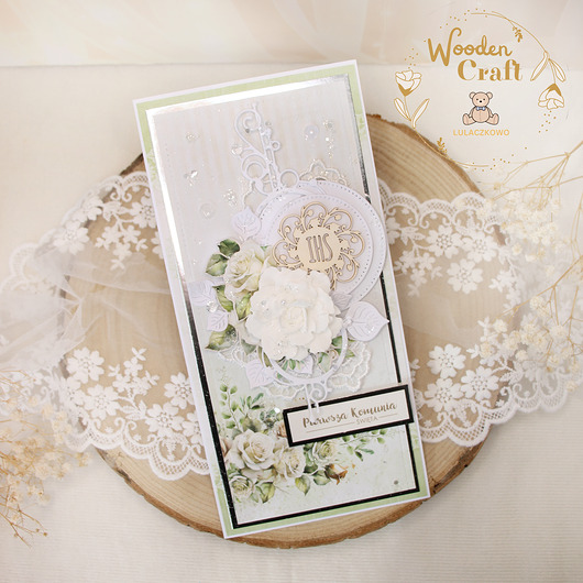 kartki na komunię Kartka komunijna pamiątka pierwszej komunii świętej "WhiteRoses3" GOTOWA