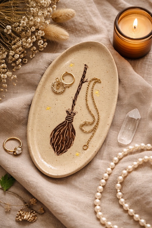 pojemniki na biżuterię Ceramiczna podstawka z miotłą, dla czarownicy