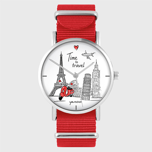 zegarki damskie Zegarek - Time to travel - czerwony, nato