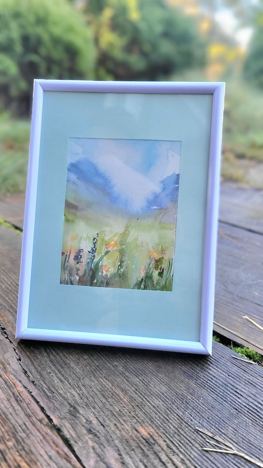 grafiki i ilustracje Akwarela ręcznie malowana, oprawiona. Góry, kwiaty.