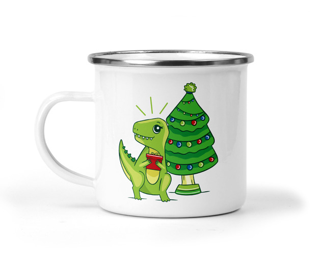kubki Świąteczny kubek metalowy dinozaur choinka