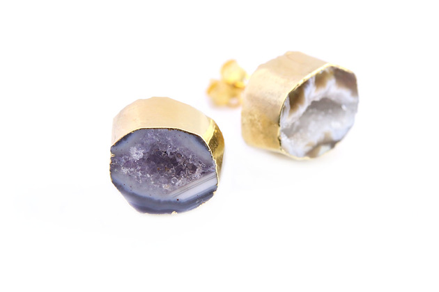 Earrings Agat Geody Natural złoto Brazi Druse Jewelry