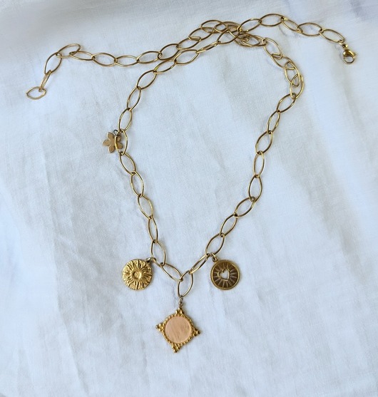 złote naszyjniki Łańcuch z dużymi ogniwami i medalionami - różowy kwarc