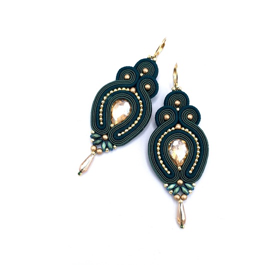 kolczyki soutache Verra kolczyki sutasz złoto zielone wiszące z kryształkami