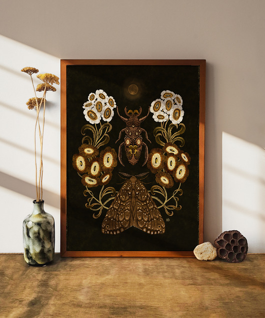 plakaty Owady i księżyc ,plakat botaniczny, plakat boho, plakat motyle ćmy