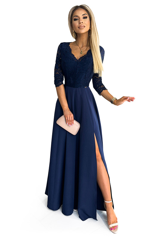 sukienki maxi damskie 309-6 AMBER elegancka koronkowa maxi suknia z dekoltem - GRANATOWA