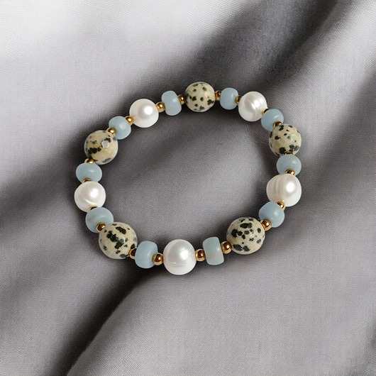 bransoletki z kamieni naturalnych Anielska bransoletka : angelit, perły, jaspis : na gumce