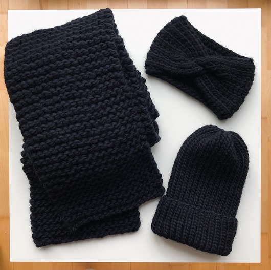 czapki damskie Zestaw czarny czapka szalik opaska miękka i ciepła wełna handmade