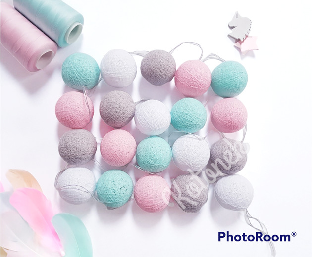 dekoracje świetlne Lampki Cotton Balls 20 led miętowo-różowe, świecące kule na baterie