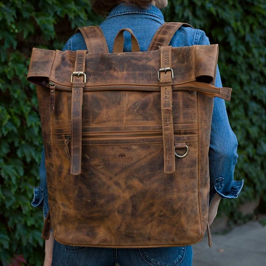 plecaki Belveder Brązowy Plecak Skórzany na Laptopa 17 cali Vintage Roll-Top BP245