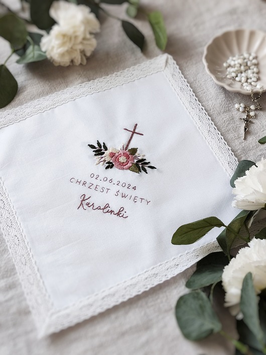 szatki, ubranie na chrzest Szatka na Chrzest Święty z imieniem dziecka - haft ręczny kwiatowy wzór