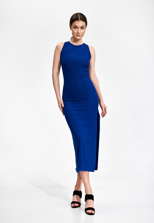 sukienki midi damskie Elegancka dopasowana sukienka midi bez rękawów i z wiązaniem - M864