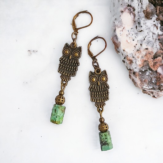kolczyki z kamieniami Kolczyki SOWY - turkus afrykański i antyczne złoty - długie