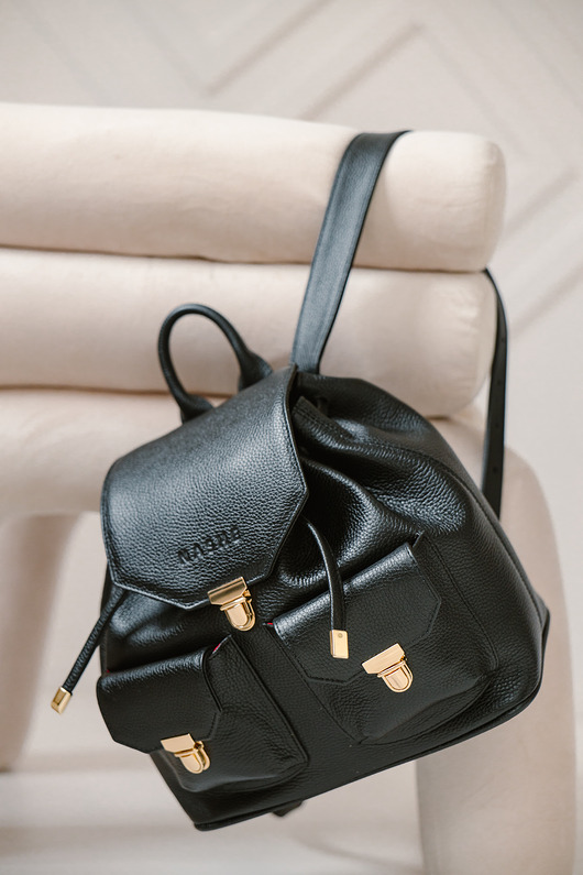 torby na ramię Plecak z kieszeniami  skórzany  damski  czarny