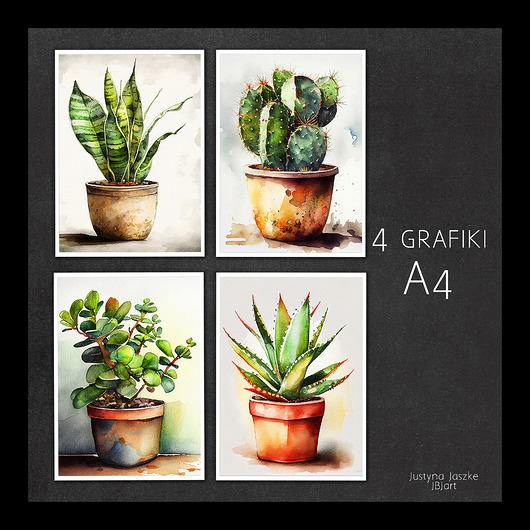grafiki i ilustracje Zestaw 4 grafik A4 - Kocham kwiaty doniczkowe