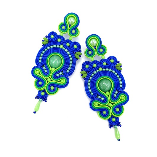 kolczyki soutache Vittoria eleganckie niebiesko zielone wiosenne kolczyki sutasz z jadeitem