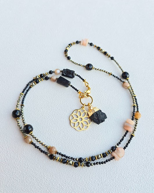 wisiory Długi Naszyjnik Boho z Czarnym Turmalinem