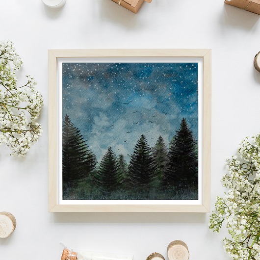 obrazy Oryginalna akwarela. Nocny las23x23cm