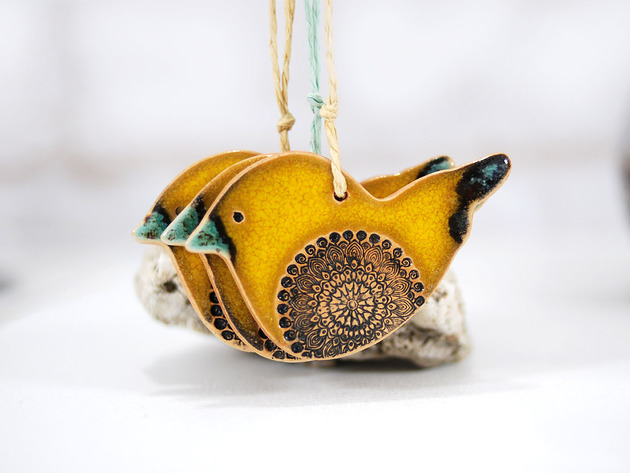 3 ceramiczne ozdoby choinkowe ptaszki - piaserk 10FingersArt