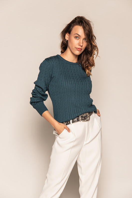 Sweter w drobne warkocze petrol Bee and Donkey