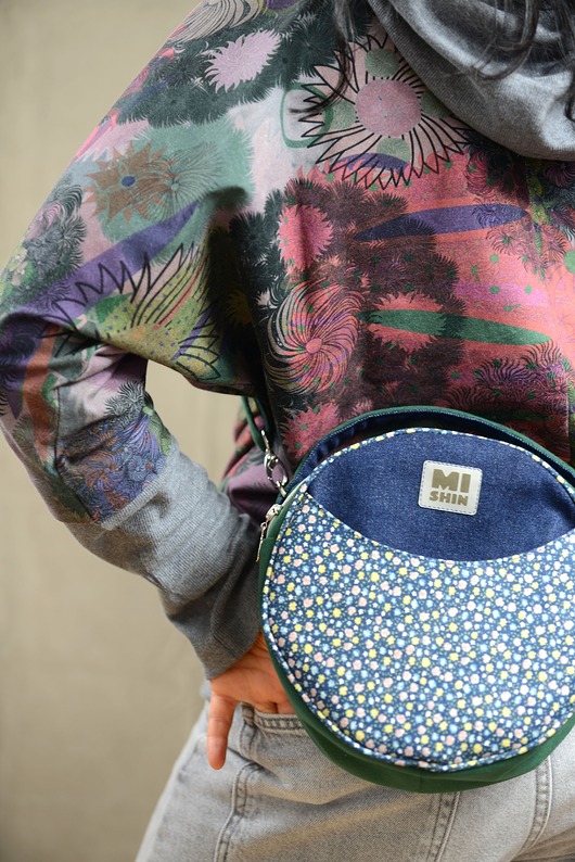 torby na ramię Okrągła Torebka okrąglaczek butelkowa zieleń jeans kwiaty