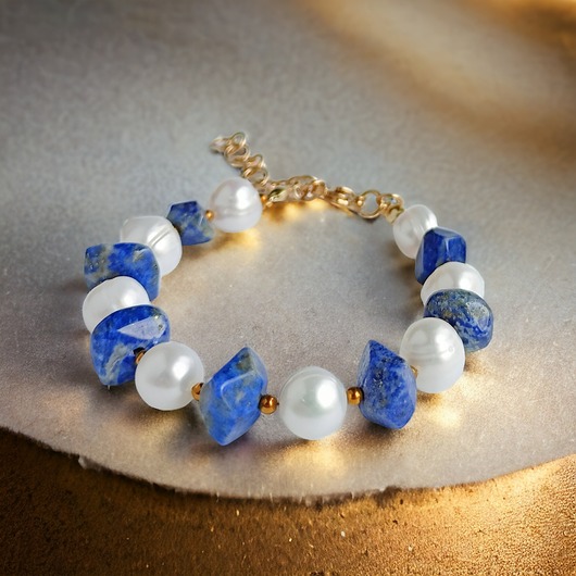 bransoletki z kamieni naturalnych UNIKAT : lapis lazuli & PERŁY - bransoletka