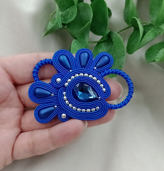 broszki Duża kryształowa broszka, kobaltowa szafirowa broszka soutache sutasz