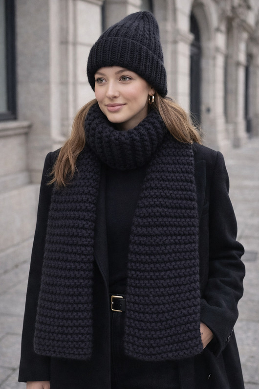 czapki damskie Zestaw czarny czapka szalik miękka i ciepła wełna handmade