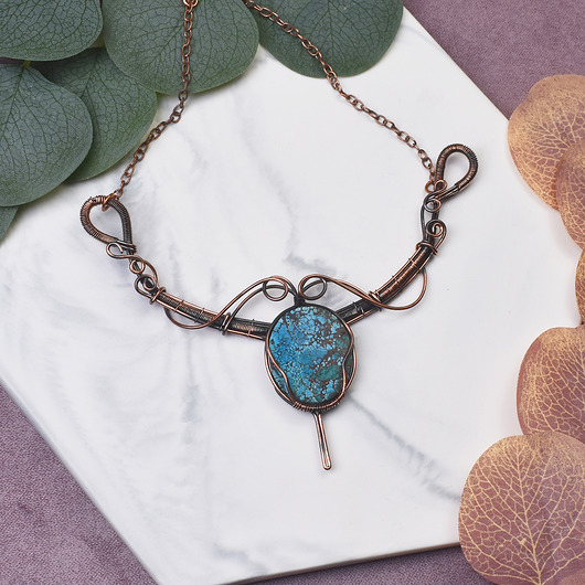 kolie Miedziany naszyjnik wire wrapping z turkusem #488