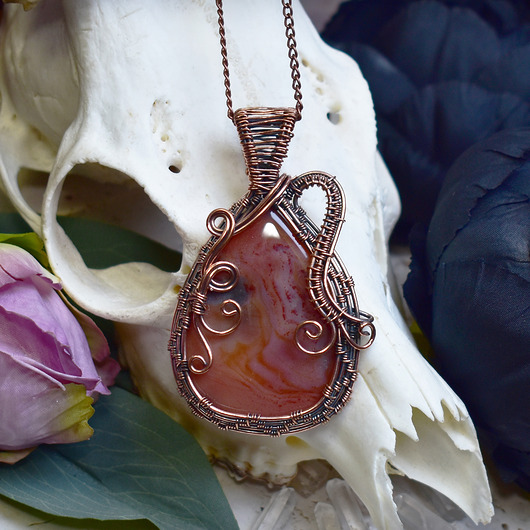 wisiory Miedziany wisiorek wire wrapping z jaspisem Coffee Bean