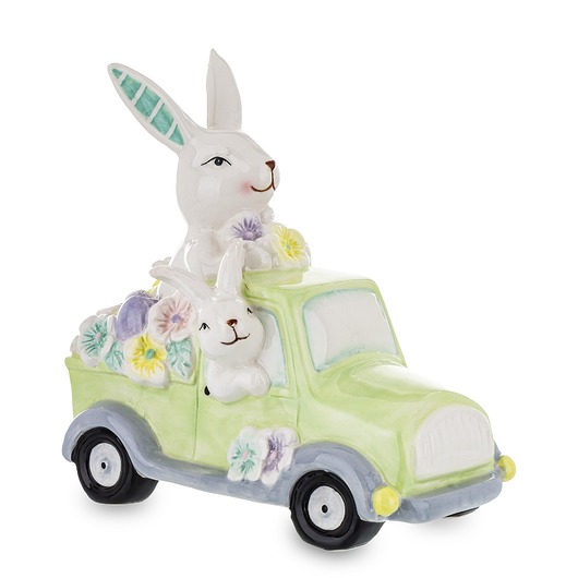 ozdoby wielkanocne Dekoracja - króliki w samochodzie z kwiatami 20x10,5x19 cm zielony
