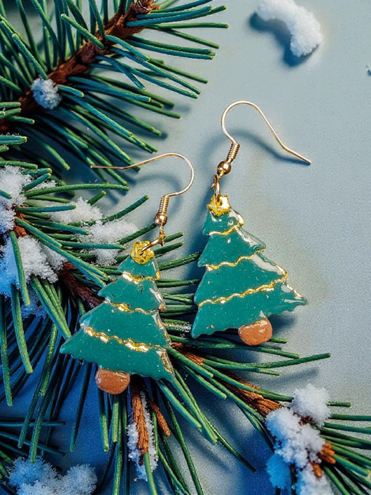 kolczyki z masy plastycznej Świąteczne kolczyki choinki handmade