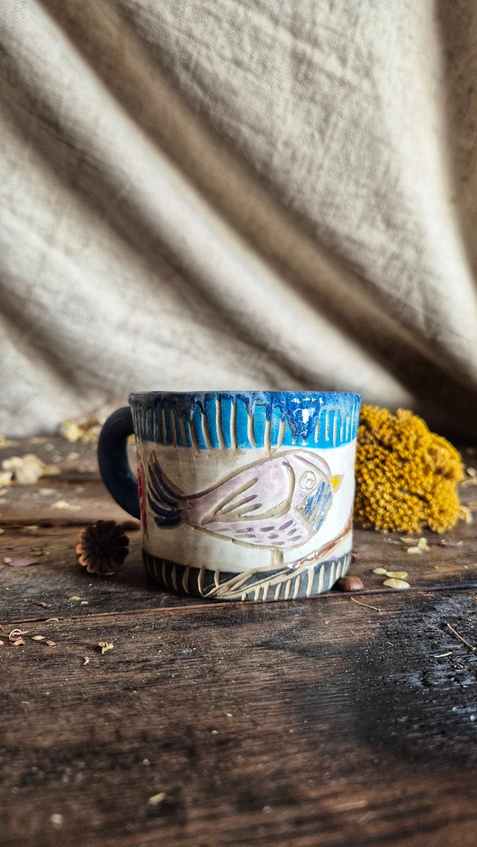 kubki Kubek sgraffito ptak, wiosna, kubek kwiatowy, wydrapywanki w glinie