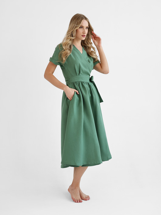 sukienki midi damskie Lniana Sukienka JASMINE EUCALYPTUS GREEN