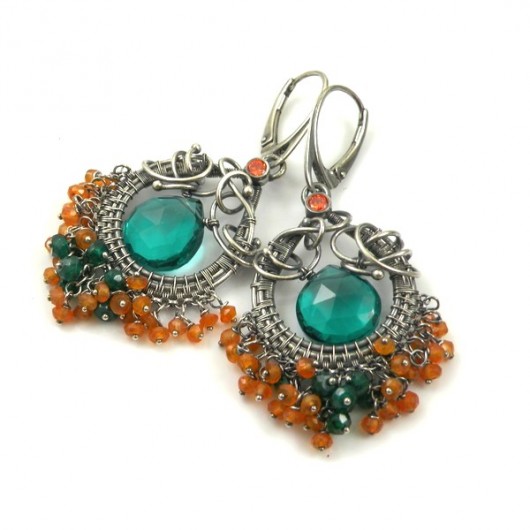 kolczyki wire wrapping Adelis z kwarcem i karneolem 