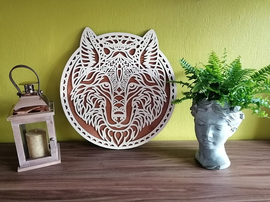 dekoracje - na ścianę AŻUROWA, DWUWARSTWOWA  DEKORACJA ŚCIENNA, WILK, BOHO STYLE, BEJCA XL 70 cm