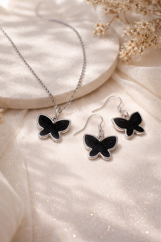 komplet biżuterii Czarny Motyl - Naszyjnik + Kolczyki
