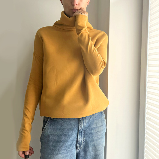 bluza bez kaptura damska Wąski rękaw Golf Musztarda