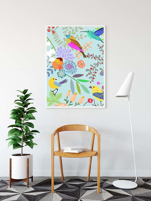 plakat. kwiaty i ptaki Love Life and Forest