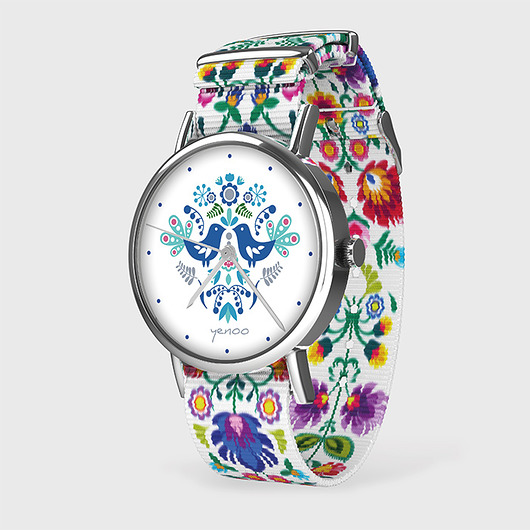 zegarki damskie Zegarek - Ptaszki niebieskie - folk biały, nato