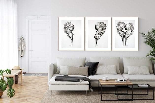 Zestaw 3 obrazów 50 x 70 cm malowany ręcznie MiniMalArt