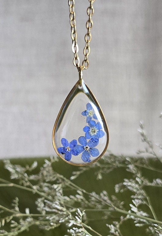 wisiory Złoty wisiorek prawdziwe kwiaty zawieszka łezka łza niezapominajki